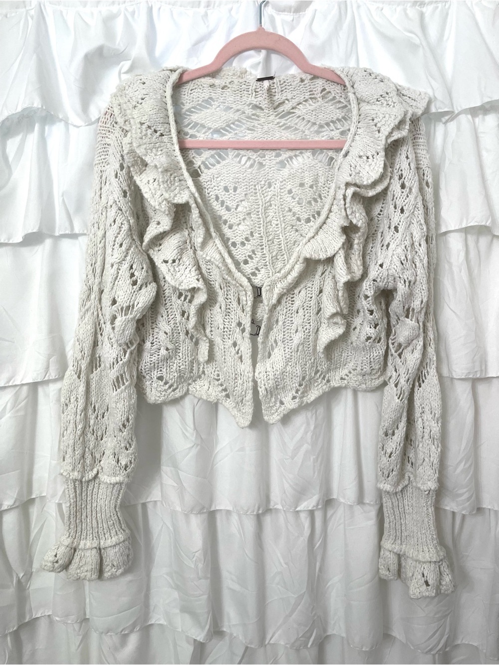 Free People Cream Open-Knit Ruffle Cardigan